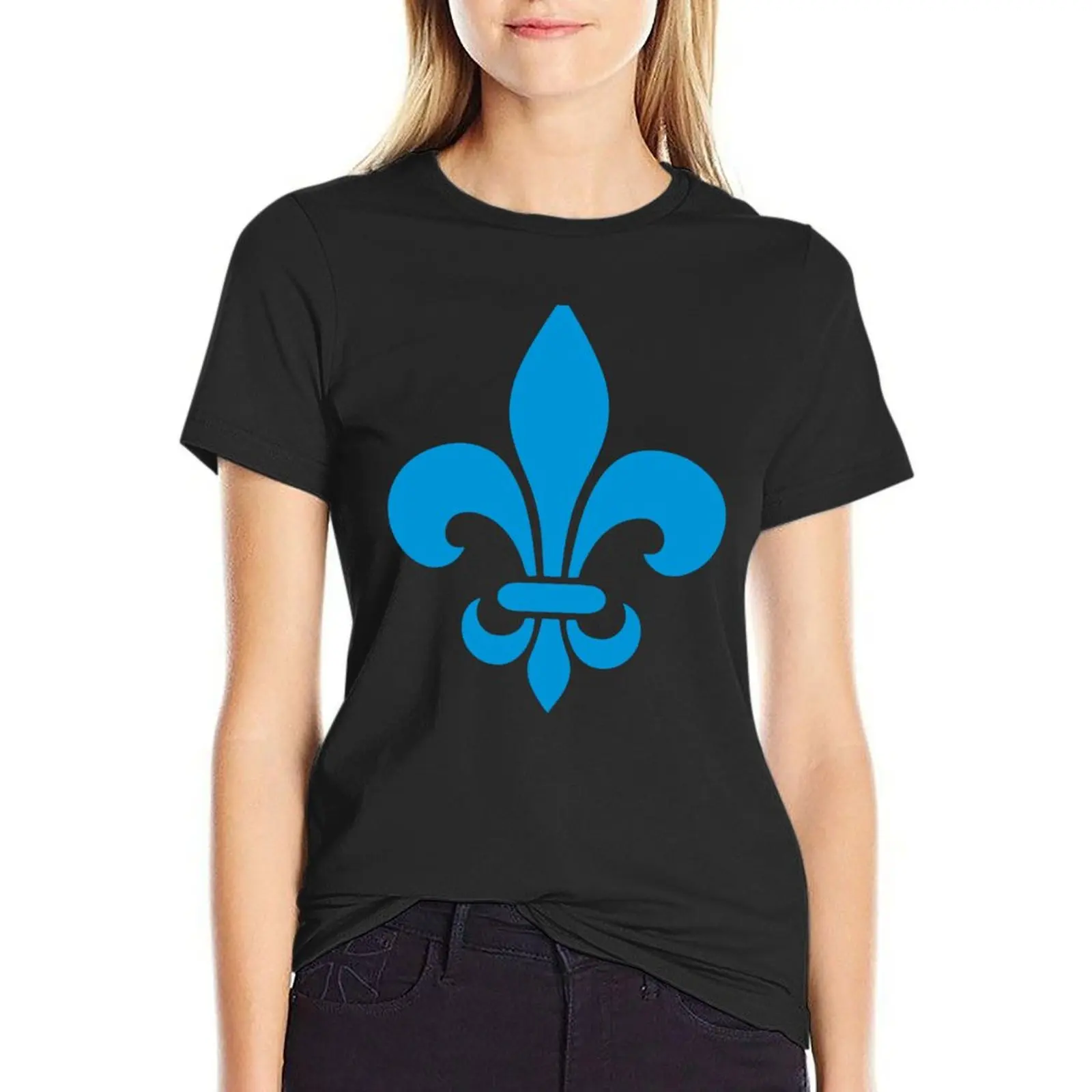 Quebec France blue fleur de lys modern style PQ Qc Royal french francais on black background T-Shirt quick-drying tops Women