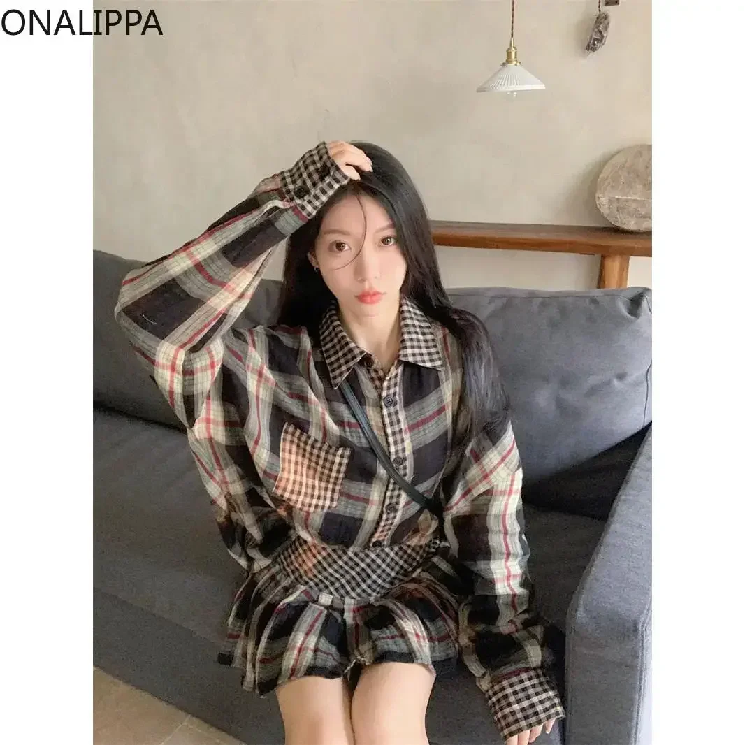 Onalippa Contrast Plaid Two Piece Sets Womens Outfits Turn Down Collar Casual Blouse Korean Chic Waist Belt Mini Pleated Skirts