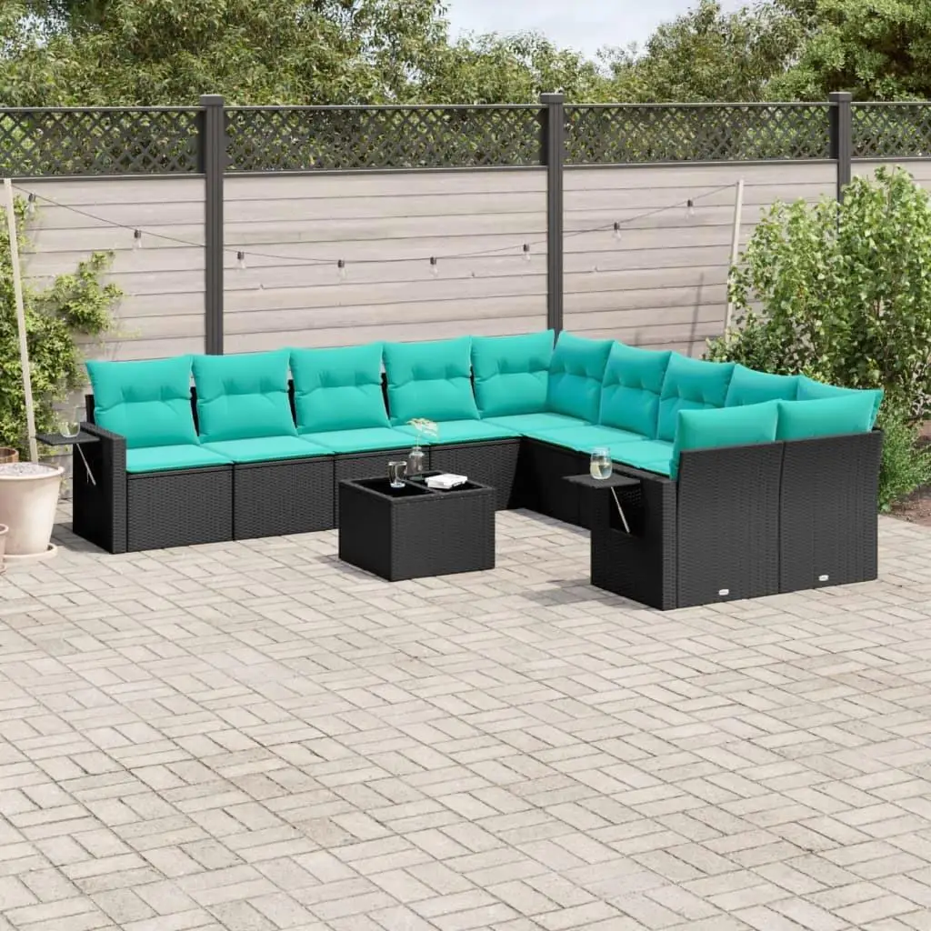 

Comfortable 11 Piece Black Poly Rattan Patio Sofa Set with Cushions for Outdoor Garden or Balcony Furniture