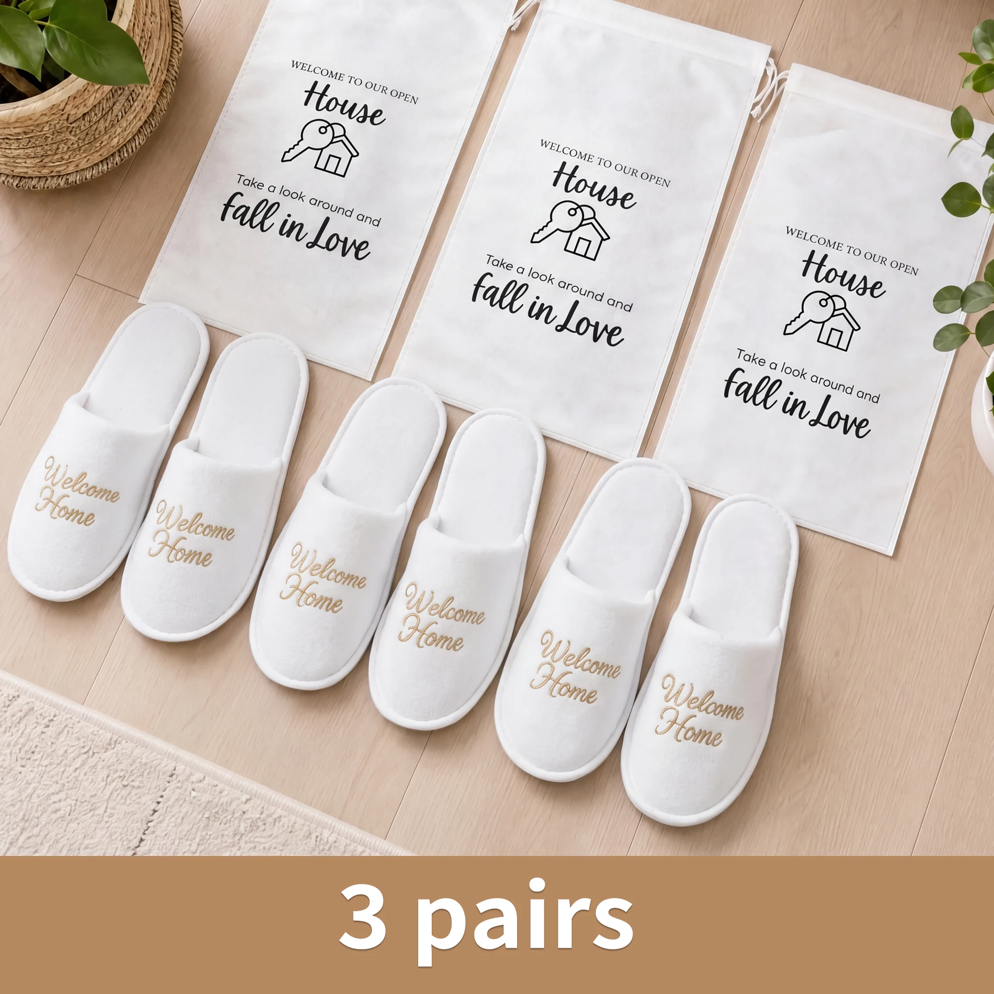 3 Pairs "Welcome Home"  Closed Toe Slippers,  With Drawstring Storage Bag,For Realtor Open House Viewing & Hospitality Guest Use