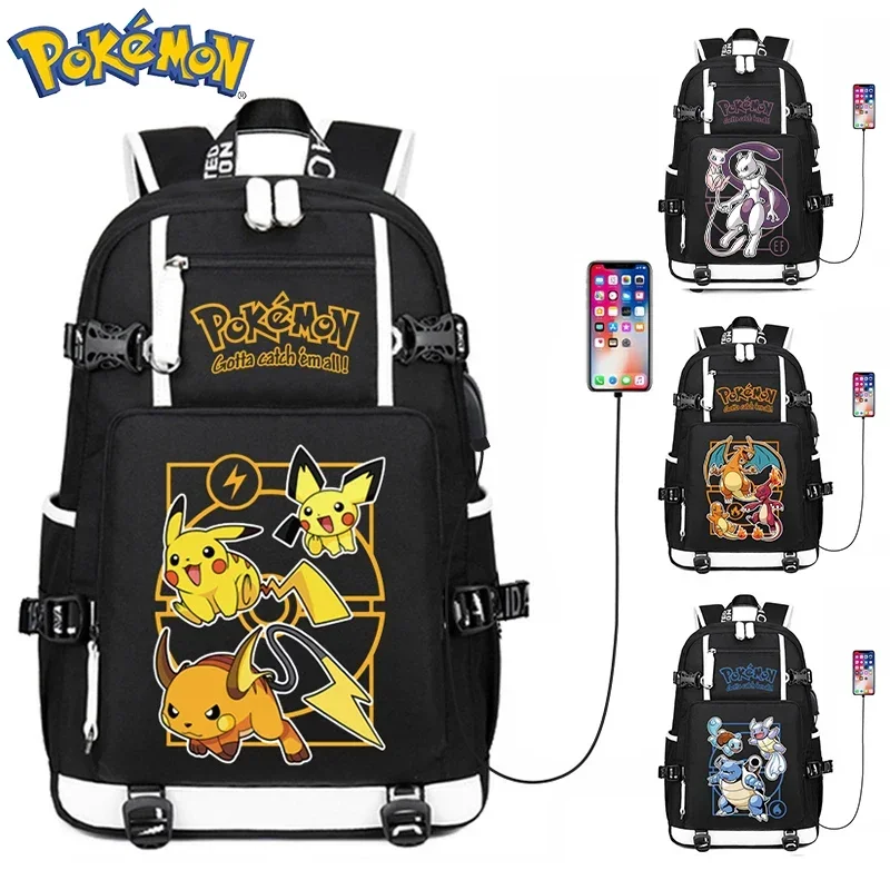 Anime Pikachu go Cartoon Backpack Teen Student Large Capacity Laptop Bag USB Charging Travel Bags kawaii cosplay School Bag Gift