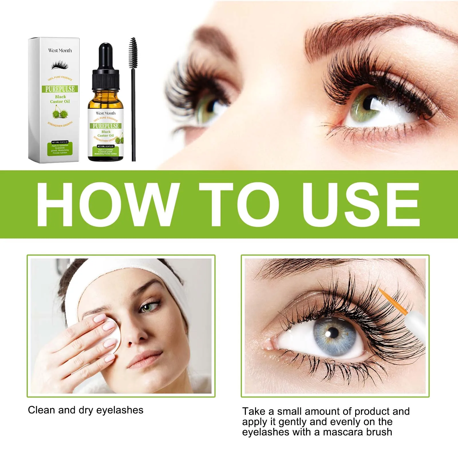 WEST MONTH Schwarzes Rizinus-Wimpernöl für das Wachstum, reich an Nährstoffen, spendet tief feuchtigkeitsspendend, nährt Wimpern, verhindert Trockenheit, 10 ml