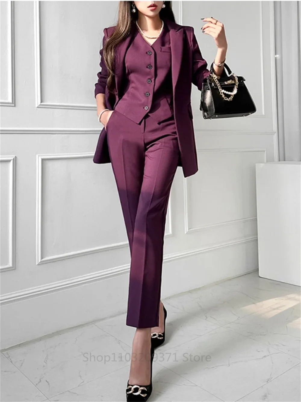 Fashion Korean Women Blazer 3 Pcs Elegant Long Sleeve Suit Jackets Vest and Straight Pants Suit Female Chic Business Outfits New