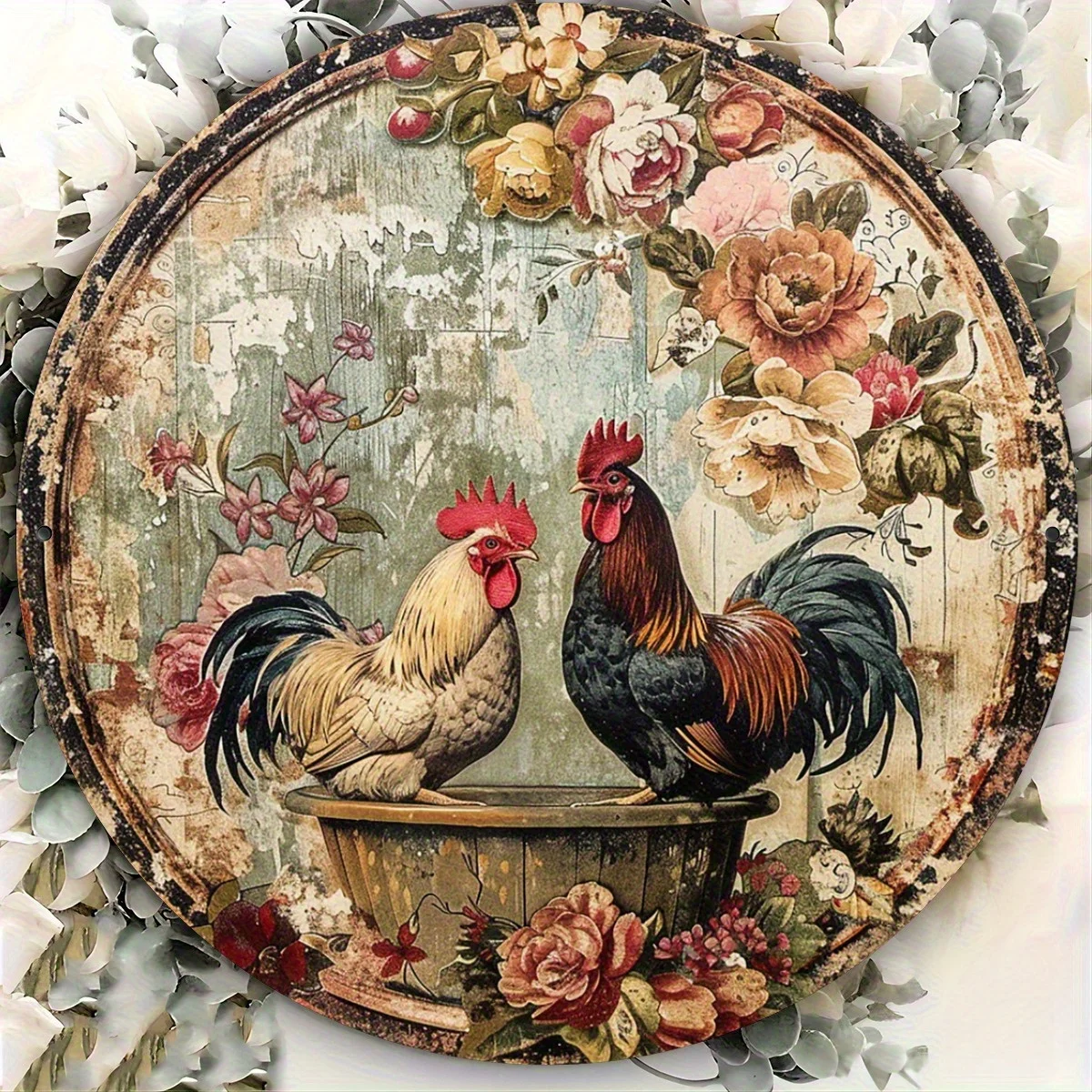 A 7.87x7.87-inch Aluminum Flat Plate Print Featuring a Nostalgic-style Rooster and Hen in a Bathtub. This Decorative Aluminum Pl