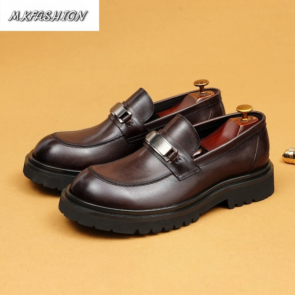 Men's Formal Casual Shoes Genuine Leather Round Toe Thick Soled Slip On Flats Driving Shoes Footwear