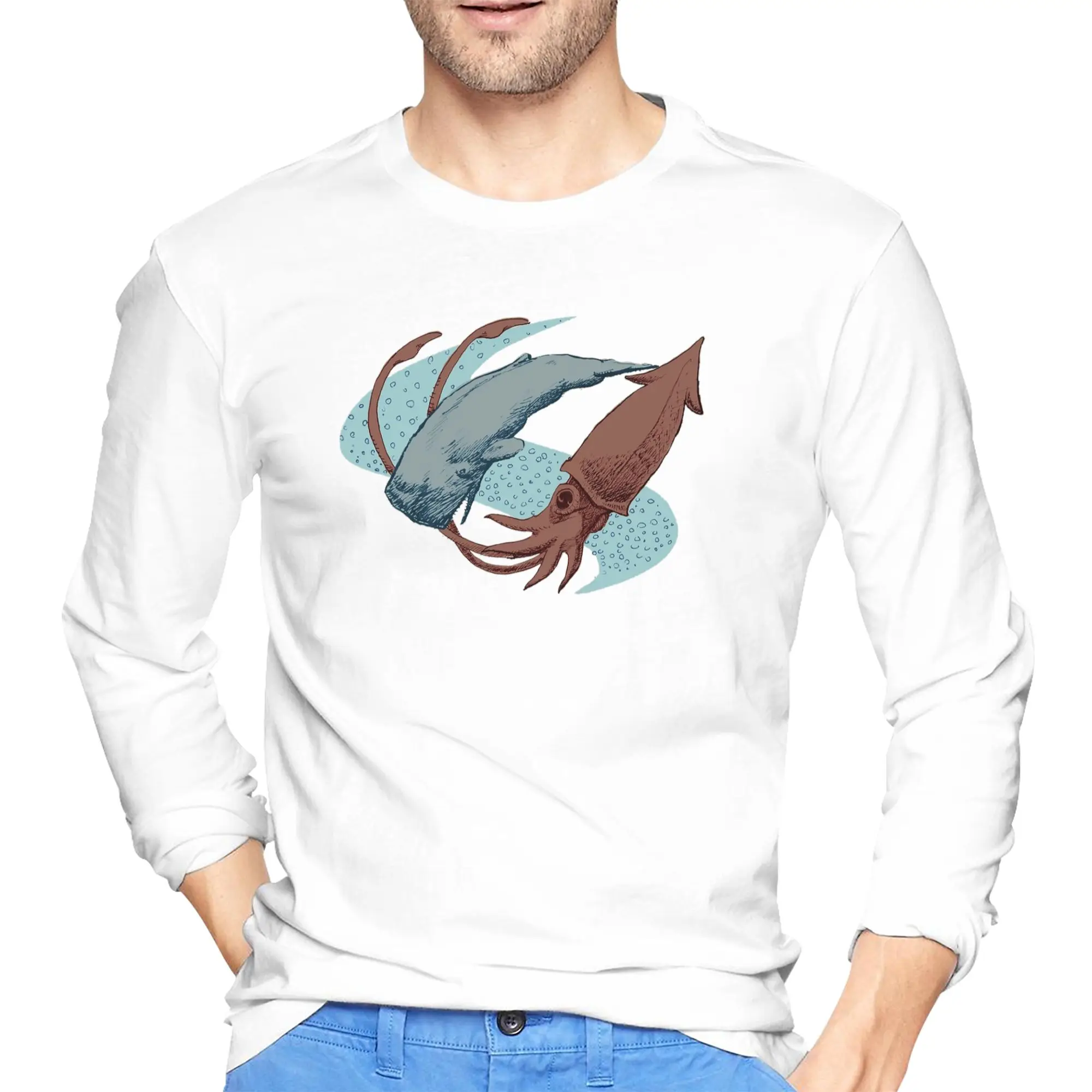 

Мужская футболка с длинными рукавами Sperm Whale vs Giant Squid, дышащие футболки с круглым вырезом, весенние и осенние мужские топы