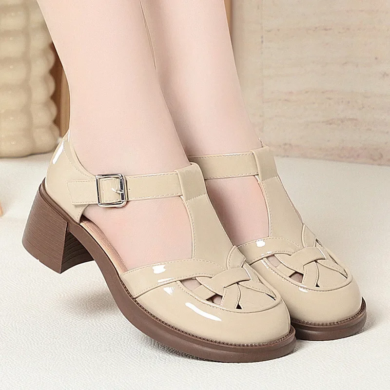 

5cm Elegant Comfortable Round Head Cutout Bright Leather Gladiator Sandals Summer 2025 Women's Med Block Heels Shoes Office Mom