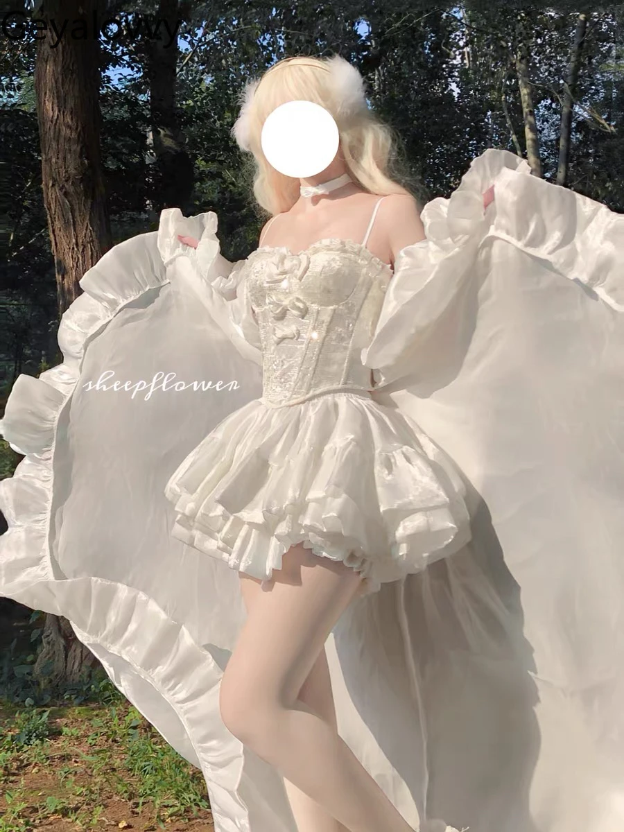 

French Bride Girl Off-shoulder Bow Suspender Top Pretty Princess Fairy White Tube Tops and Short Skirt Set Party Engagement Suit