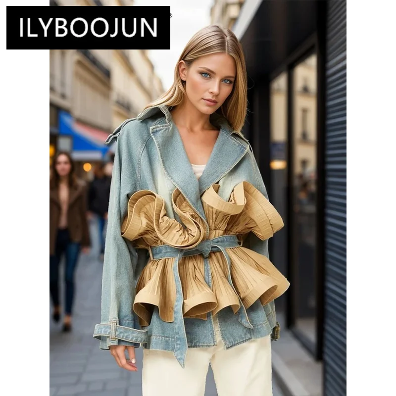 

ILYBOOJUN Colorblock Designer Spliced Belt Coats For Women Lapel Long Sleeve Patchwork Ruffles Casual Loose Jacket Female New