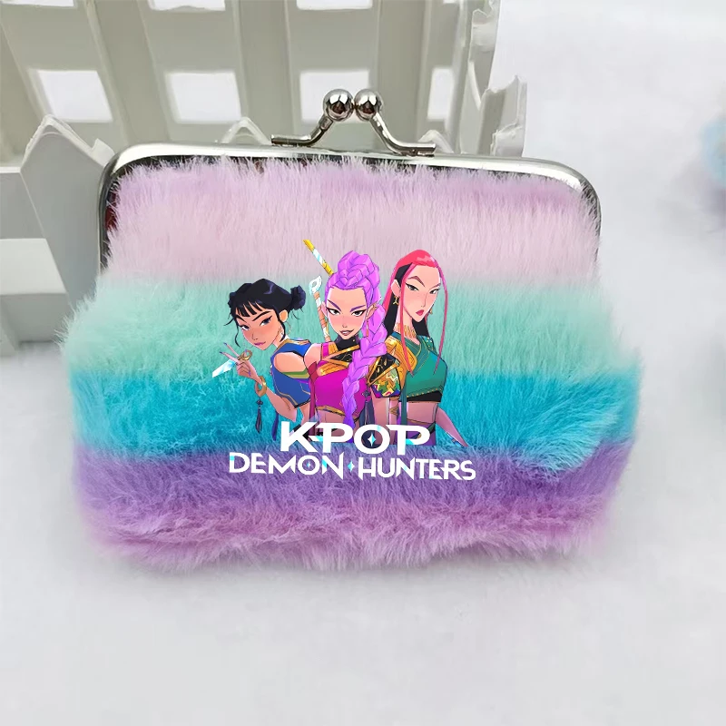 Move k-pop Demon Hunters-monedero para mujer, Mini billetera con hebilla de Color arcoíris de dibujos animados, bolsa de almacenamiento de lápiz labial de felpa para mujer, regalos