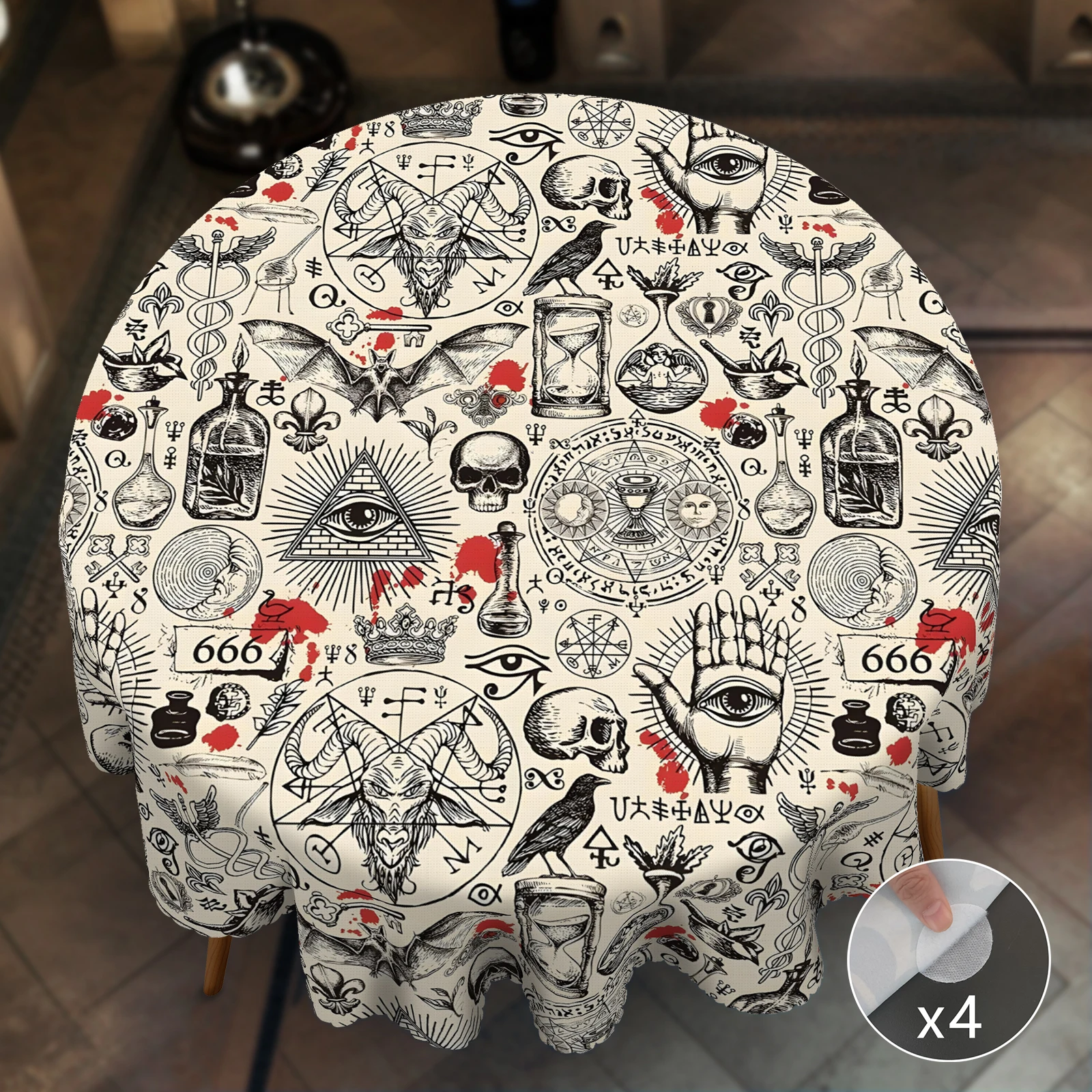 1 pieza, mantel impreso con diseño de atmósfera de terror de Halloween + 4 elementos mágicos, patrón de círculo mágico de cabra Philip, impresión de reloj de arena de calavera de cuervo de murciélago, adecuado para mesa de comedor y sala de estar, mesa de estar