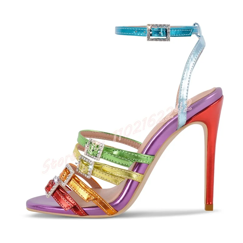 الصيف مختلط الألوان حزام مشبك عالية الكعب جولة تو خنجر مشبك حزام الصنادل موضة بسيطة فستان الحفلات أحذية نسائية 46 #5