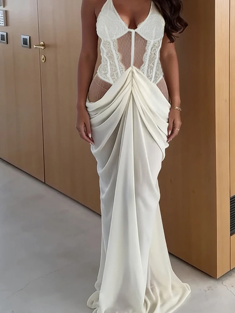 Sexy renda bordado emenda vestido de noite elegante profundo decote em v oco para fora vestido longo moda feminina drapeado perspectiva vestidos