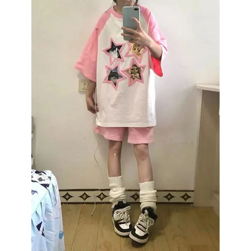 اليابانية Y2k الجمالية بلايز الحلو Kawaii الكرتون القط طباعة المرأة تي شيرت لطيف فضفاض عادية كل مباراة تي شيرت الصيف الجرونج