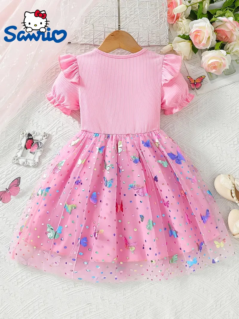Korean-style Sweet Girls' Birthday Dress, Gentle Hello Kitty Print + Butterfly Sequins, Party Kids' Dress