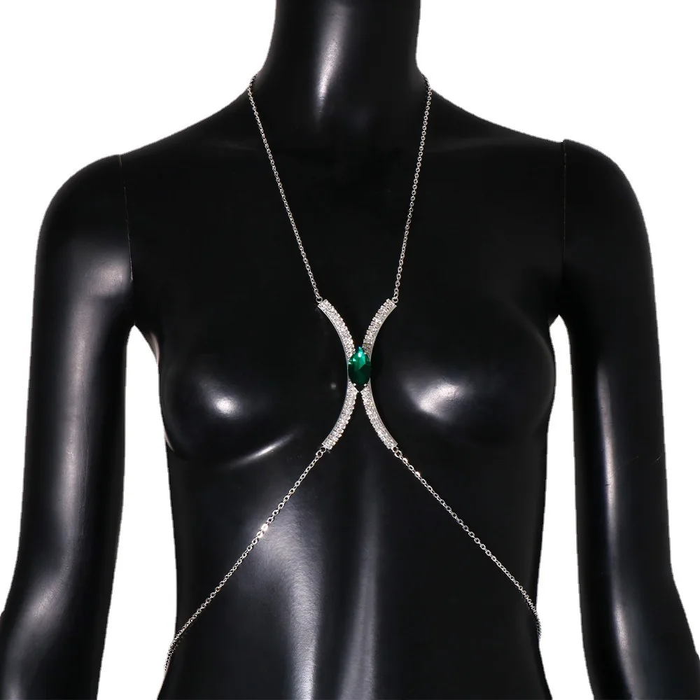 Vintage Green Eye Stone Rhinestone Crystal Sexy Chest Chain Bracket Bra Harness Body Necklace Bikini top Body Jewelry for Women