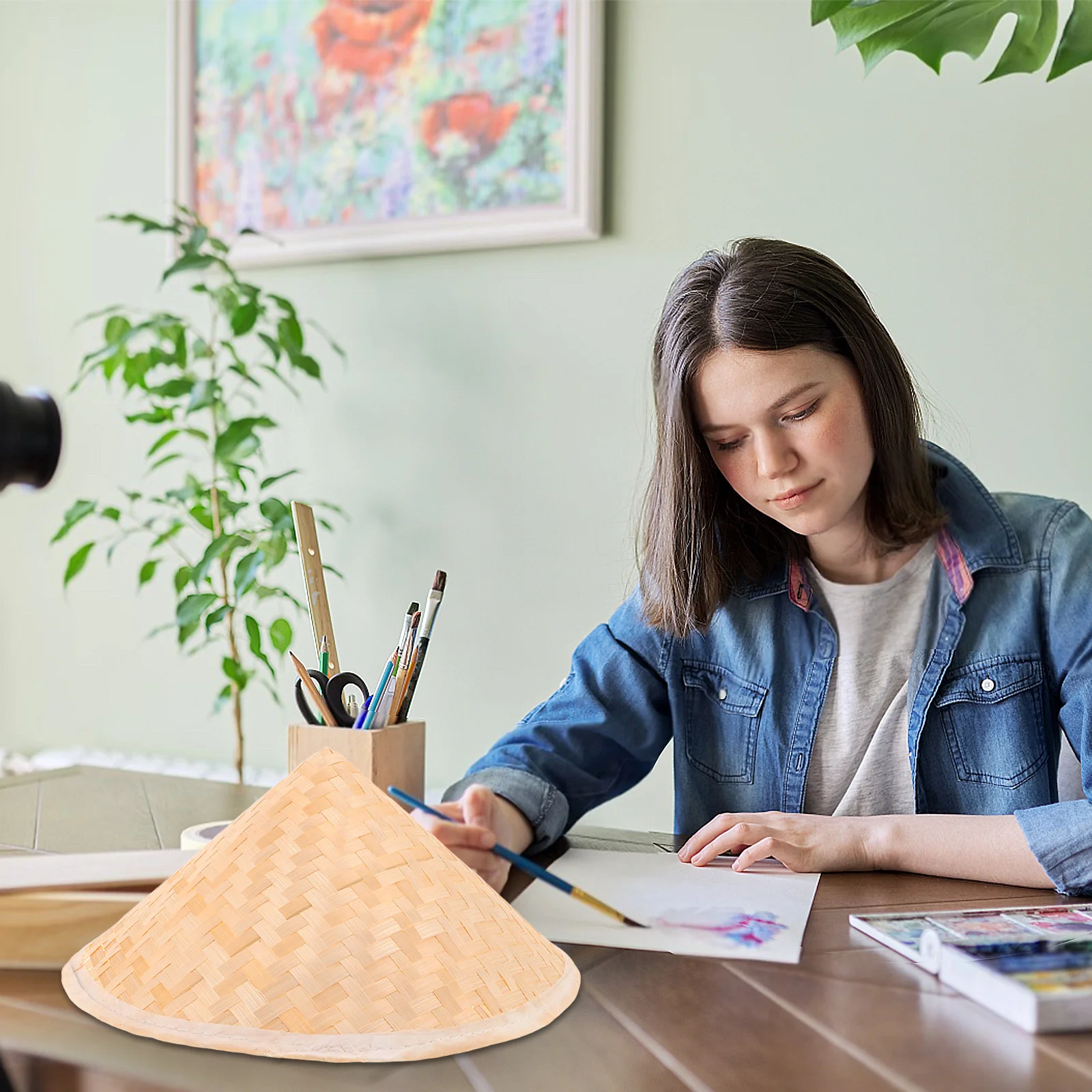 Chapeau de cosplay oriental pour enfants, 3 pièces, chapeau conique en paille fait à la main, style traditionnel chinois, protection solaire, décoration de fête