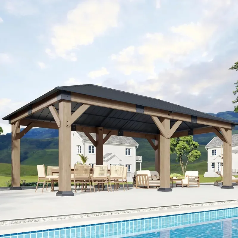 12x20 ft Cedar Wood Gazebo Hardtop Gazebo with Galvanized Steel Roof