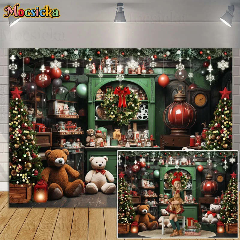 Christmas Toy Green Cupboard Bear Photography Backdrops Winter Xmas Tree Girl Birthday Portrait Cake Smash Background Photocall