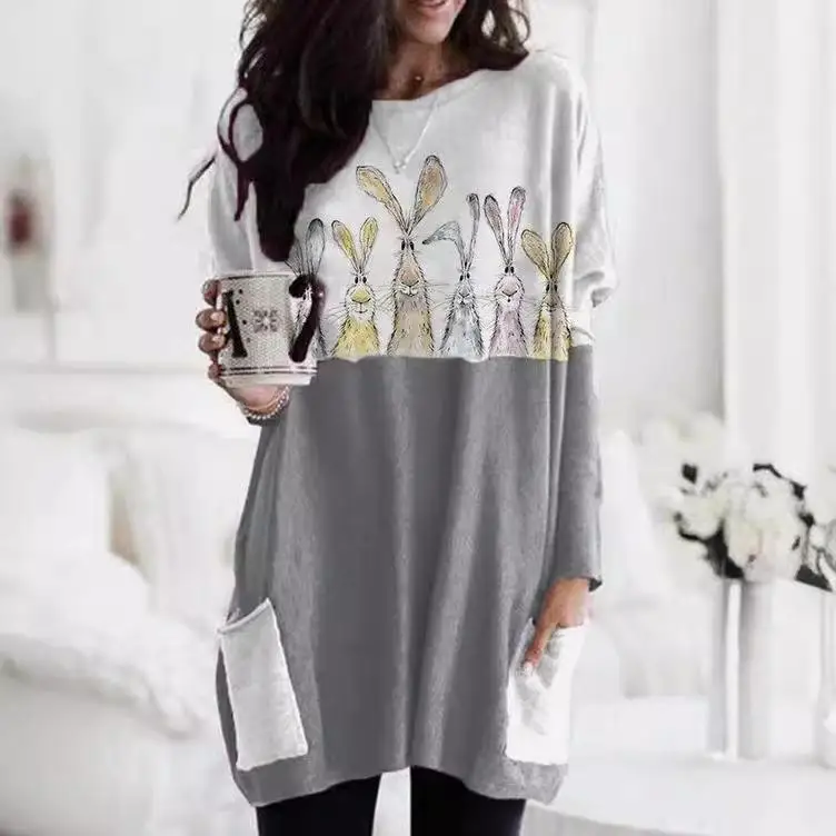 T-shirt long Sve imprimé grande taille pour femme, tissu polyester confortable et décontracté, jupe trapèze ronde Ne, Sle Busin Home...