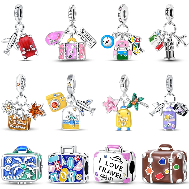 Love Traveling 925 Sterling Silver Backpack Suitcase Luggage Camera Airplane Charms 3mm DIY Fine Jewelry Making