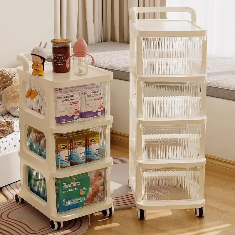 

Cream Style Small Cart Snack Rack, Product Cabinet, Floor Standing Movable Baby Toy Storage Rack