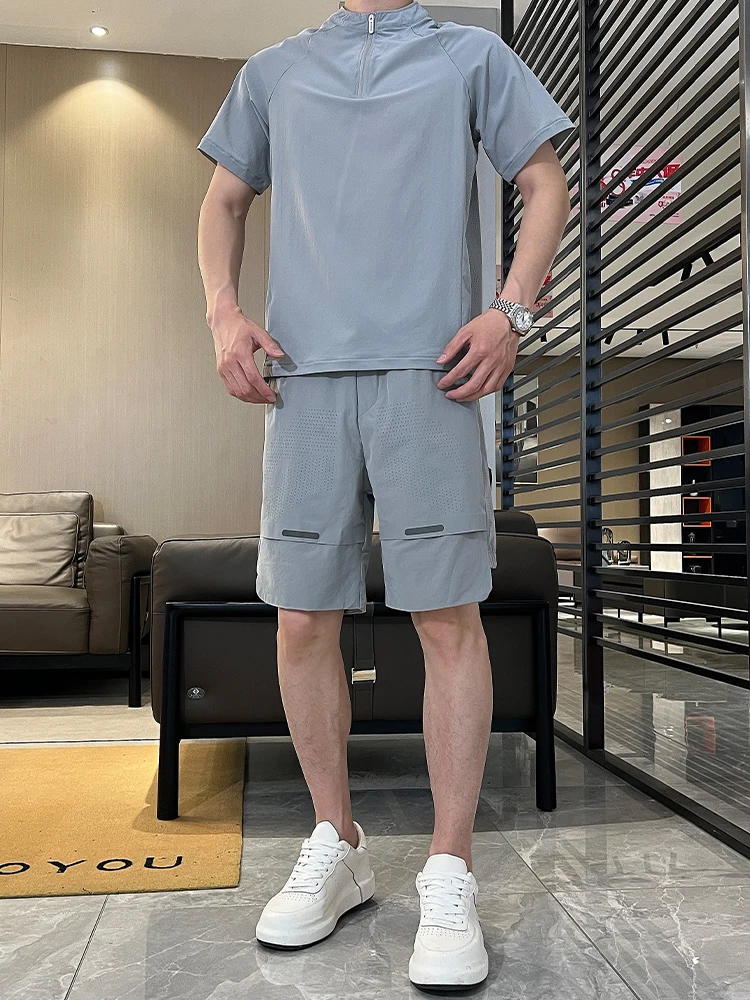

Cool Quick Dry Sports Set Men's Summer Trendy Breathable Short Sleeve Five-Point Pants Two-Piece Set Casual Sportswear