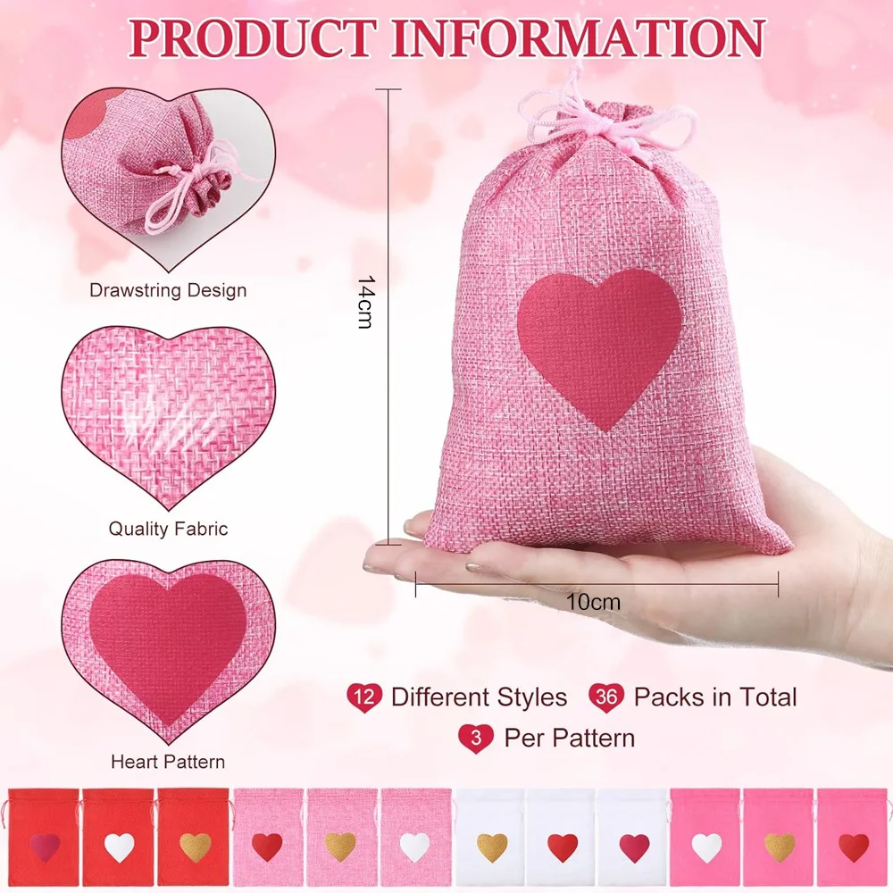 36pcs/lot 2025 New Valentine's Day Gift Bag Heart Shaped Burlap Linen Bag Wedding Party Gift Bag Drawstring Pouches Wholesale