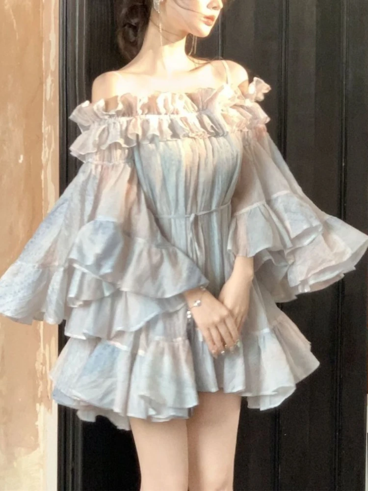 

Милое платье-труба на тонких бретельках в корейском стиле с открытыми плечами, элегантное мини-платье с оборками, женская осенняя праздничная одежда, новинка 2023 года