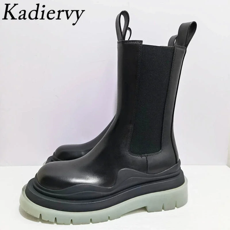 

Thick Sole Chelsea Boots Women Slip-On Mid Calf Boots High-Quality Real Leather Shoes Classic Platform Motorcycle Boots Women