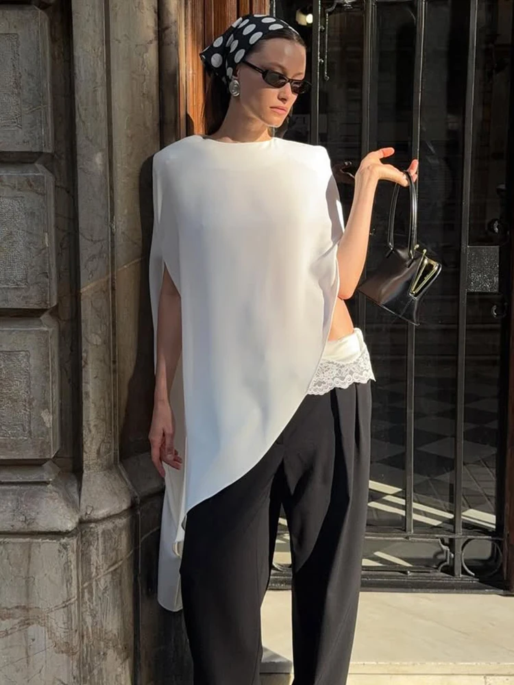Trendix Biała Asymetryczna Narzutka Damska Modna Bluzka z Falbanką Luźna Koszula z Krótkim Rękawem Casual Elegancka Bluzka do Pracy