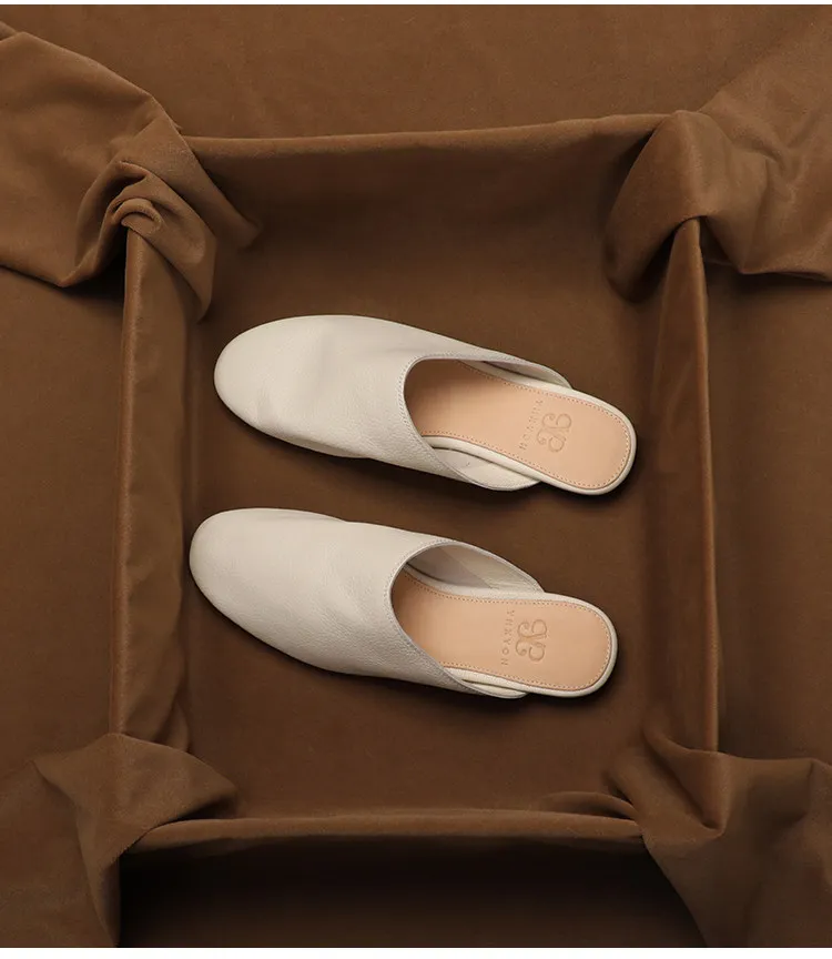 SHOEBOX Women's Genuine Leather Covered Toe Slippers for Outdoor Wear Summer New Soft Sheepskin Lazy Style Flat Half-Slippers