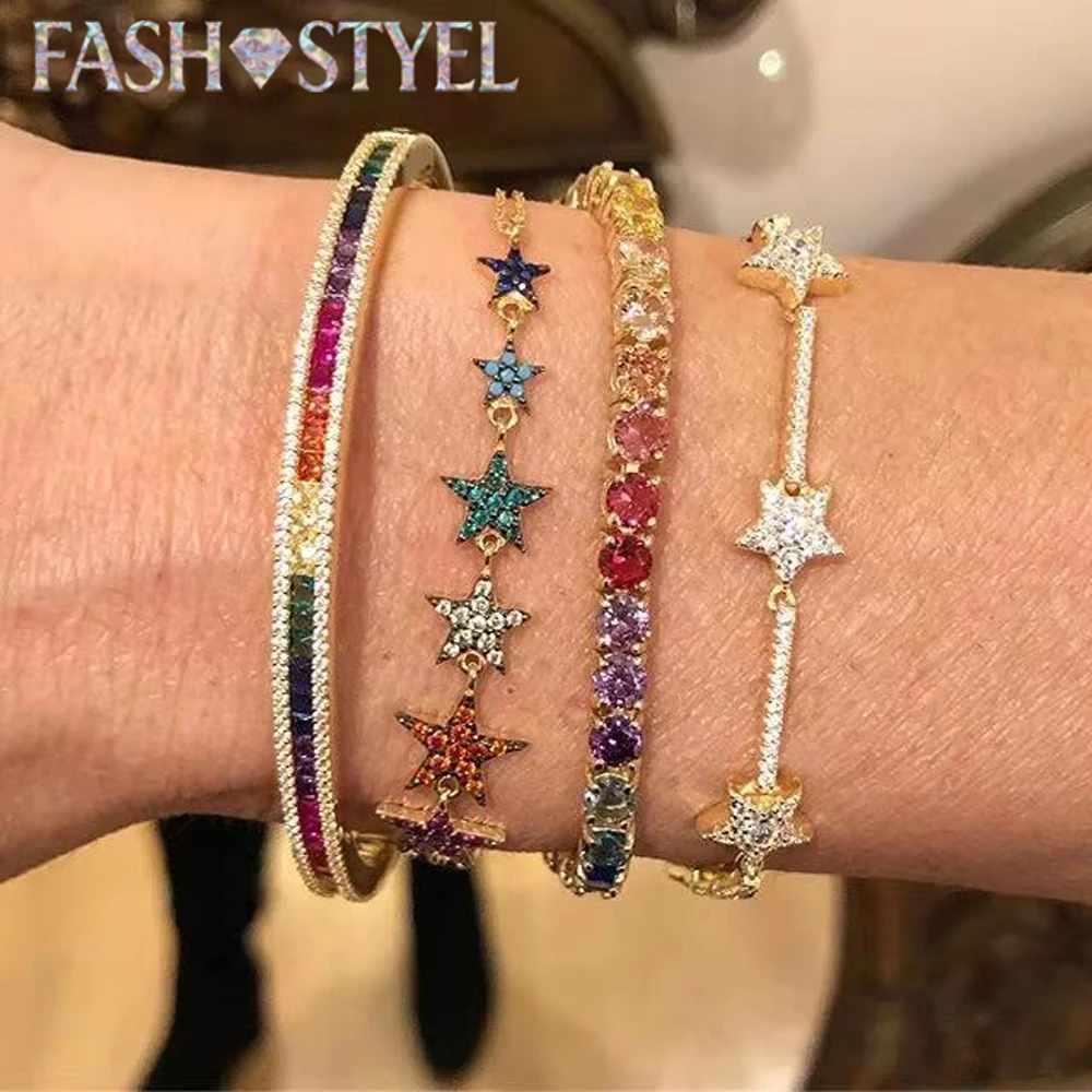 Pulsera de cadena esclava de estrellas de cristal de Zirconia a la moda para mujer, pulseras con dijes de estrellas de Color plateado, pulsera delicada CZ