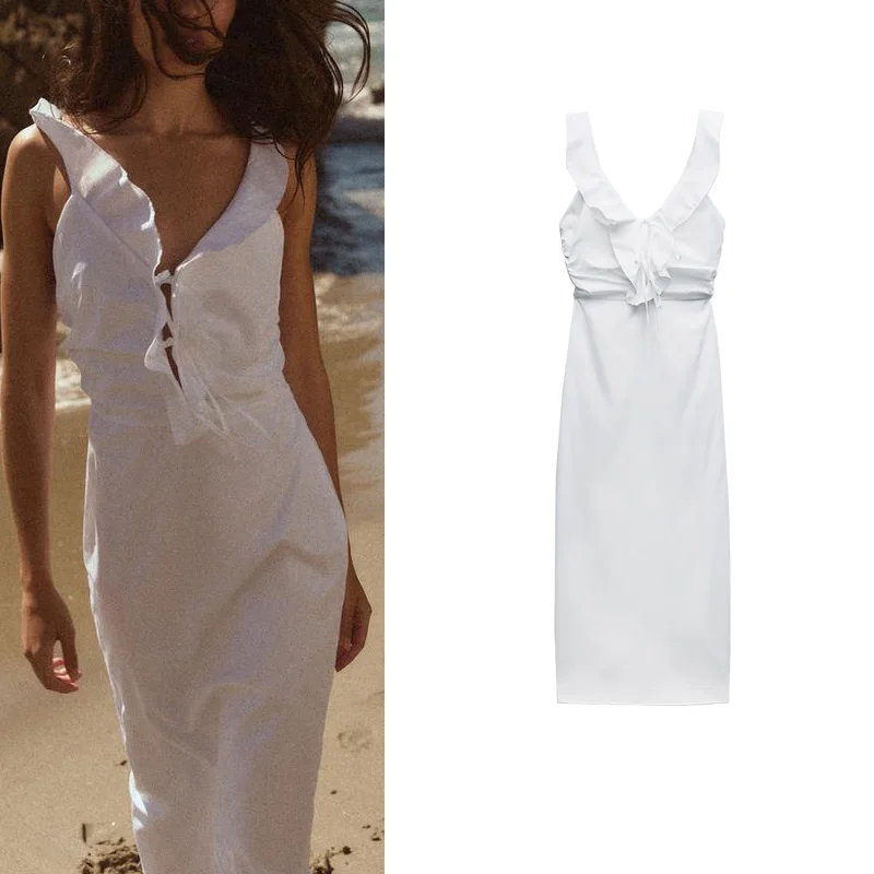 Vestido de tecido corta-vento com decote em V, design aberto, laço de borboleta, decoração em camadas, saia longa de cintura ...