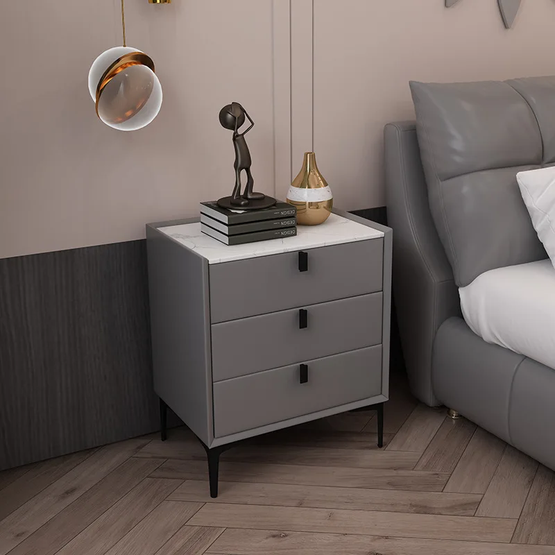 Nordic Style Solid Wood Bedside Table Faux Leather Nightstand with 3 Drawers And Sintered Stone Top for Bedroom