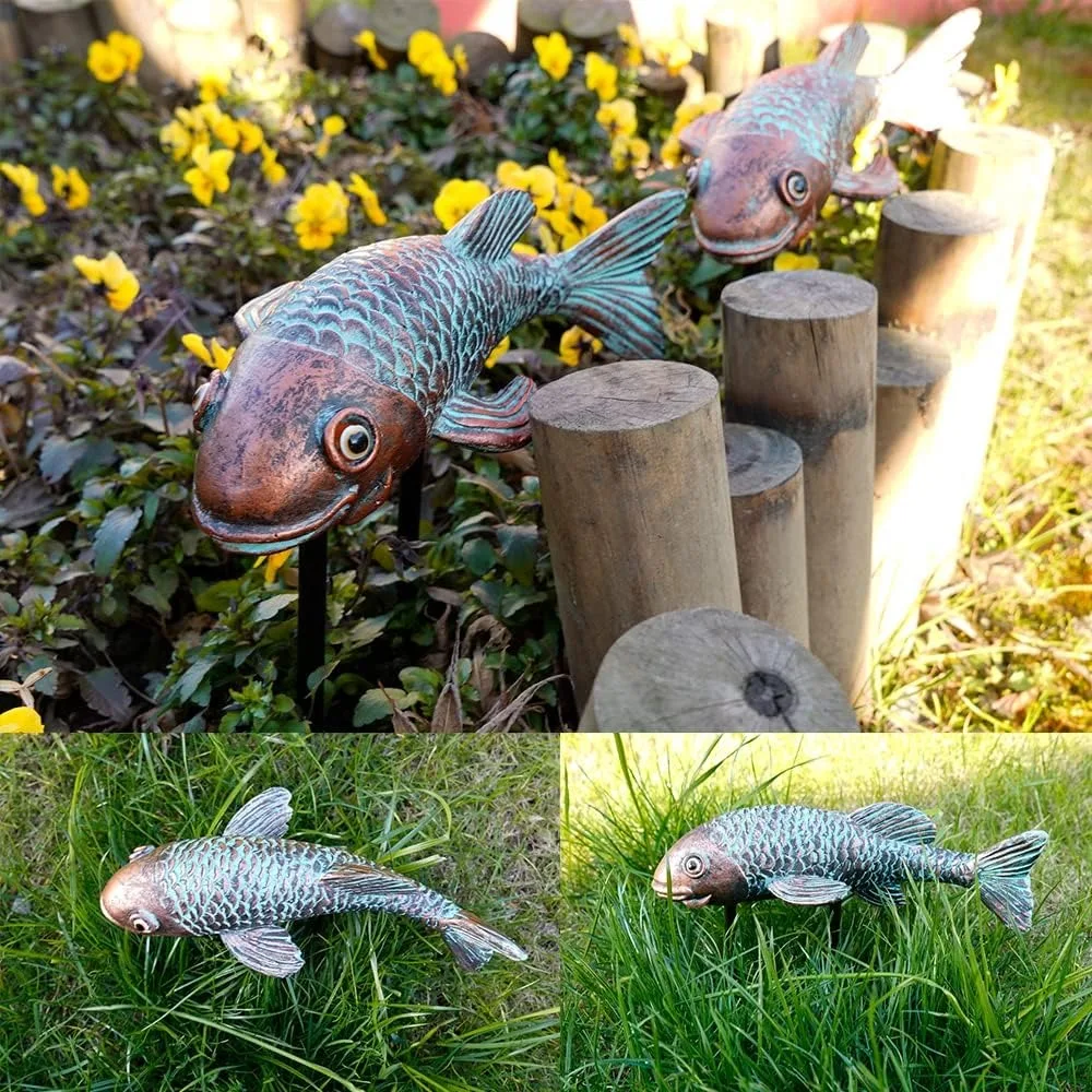 Garden Statues, Koi Fish Decor, Set of 2 Antique Ceramic Koi Fish Garden Statue,Fish Sculpture Garden for Outdoors