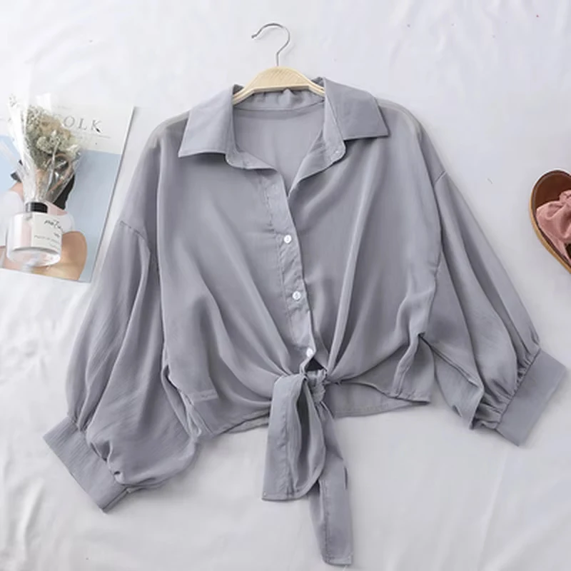 Damska letnia szyfonowa koszula z półrękawkiem Casual Loose Button Hollow White Clothes Elegancka bluzka w jednolitym kolorze z wiązaną talią 9776