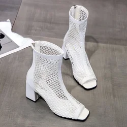 2024 Summer Fashion Mesh Fish Mouth Sandalias De Mujer Hollow Women Breathable Riding Boots Thick Heel Sandals Sapatos Feminino