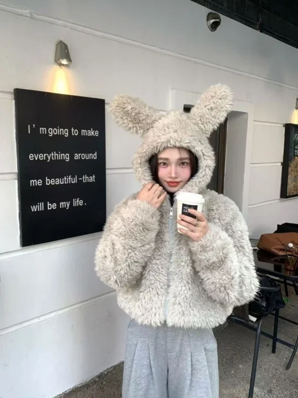 キュートなウサギ耳付きコート レディース 秋冬新作 スタイリッシュ フェイクファー ラムファー コットンジャケット ゆったり かわいい ウィンドブレーカー