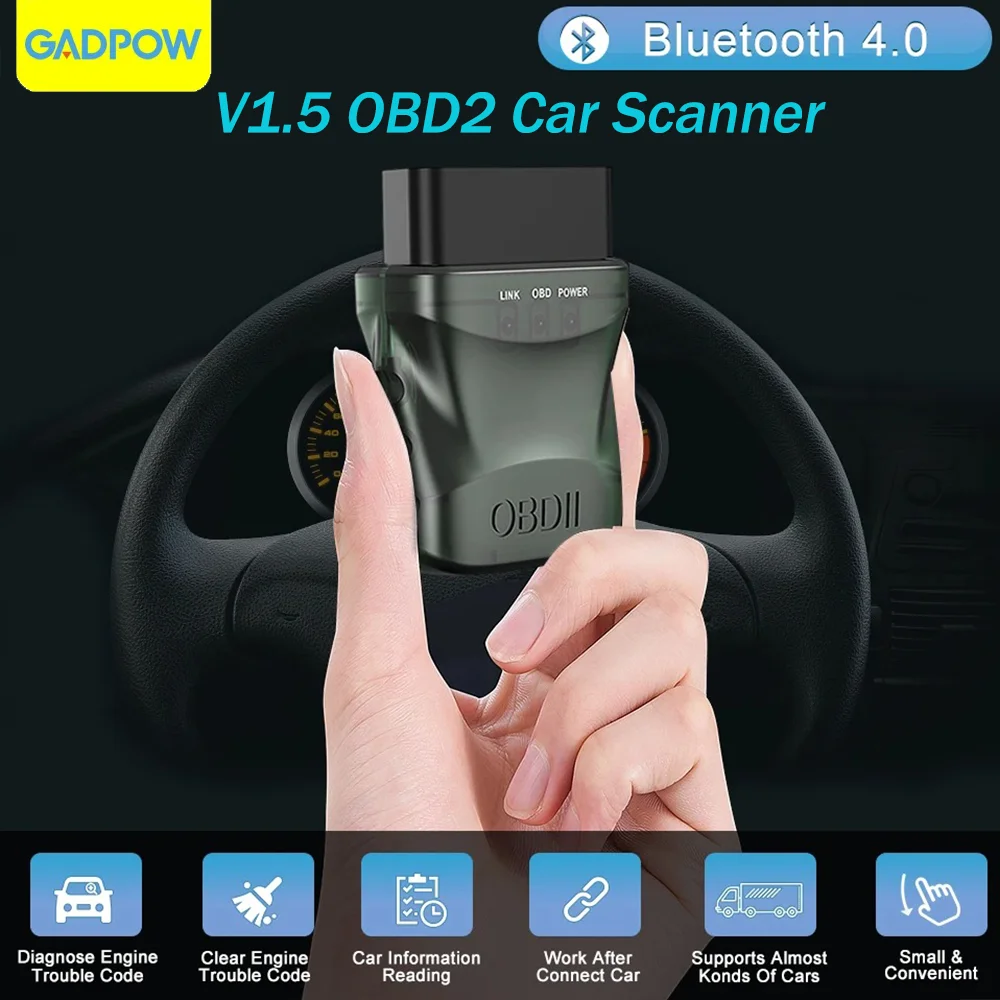 

Gadpow OBD2 ELM327 V1.5 Scanner Bluetooth 4.0 OBD 2 Car Diagnostic Tool for IOS Android PC ELM 327 Scanner OBDII Reader