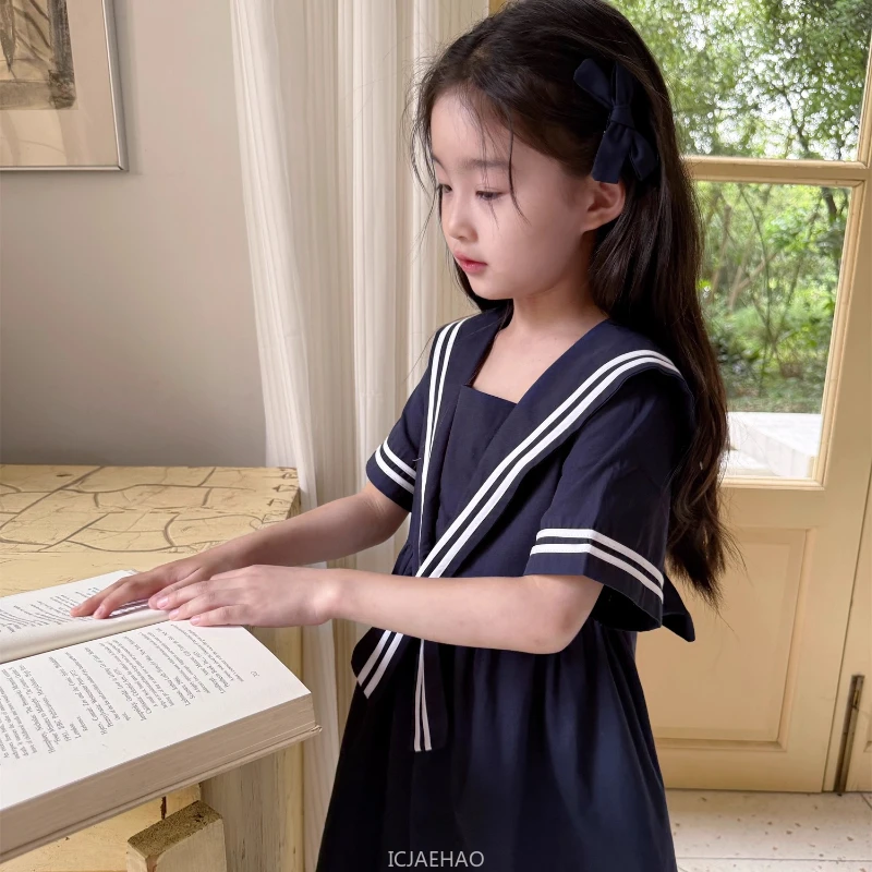 

Teen Girl Clothes 2025 Children Dress Costumes Preppy Style Simple Casual Outfits Summer Vintage Navy Collar Girls Short Sleeve