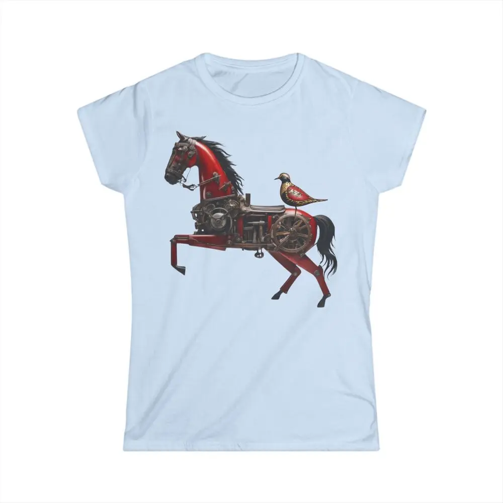 Women's Tee assemblage art horse and goat with birds mechanical objects t-shirt