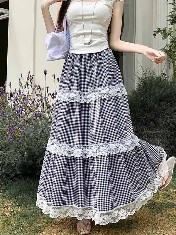

Summer New Plaid Lace Splicing A-Line Skirt Women's plus Size Fairy Chic Cake Skirt High Waist Midi Skirt id Pattern
