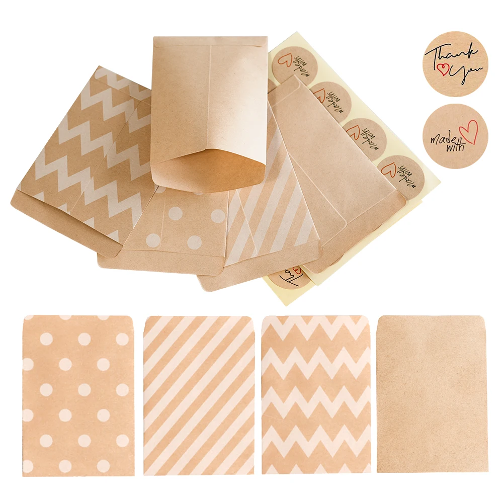 48 Sets Retro-Kraftpapiertüten, gepunktete Streifen, Süßigkeiten, Kekse, Leckerli-Beutel mit Aufklebern, Geschenkbeutel für Hochzeit, Mitbringsel