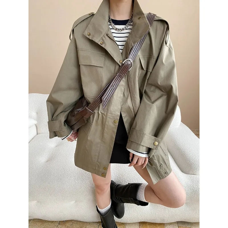 EAEOVNI Vintage Khaki Mittellange Windjacke Frauen Taschen Kordelzug Geraffte Taille Mantel Jacke Mode 2025, Herbst Neue