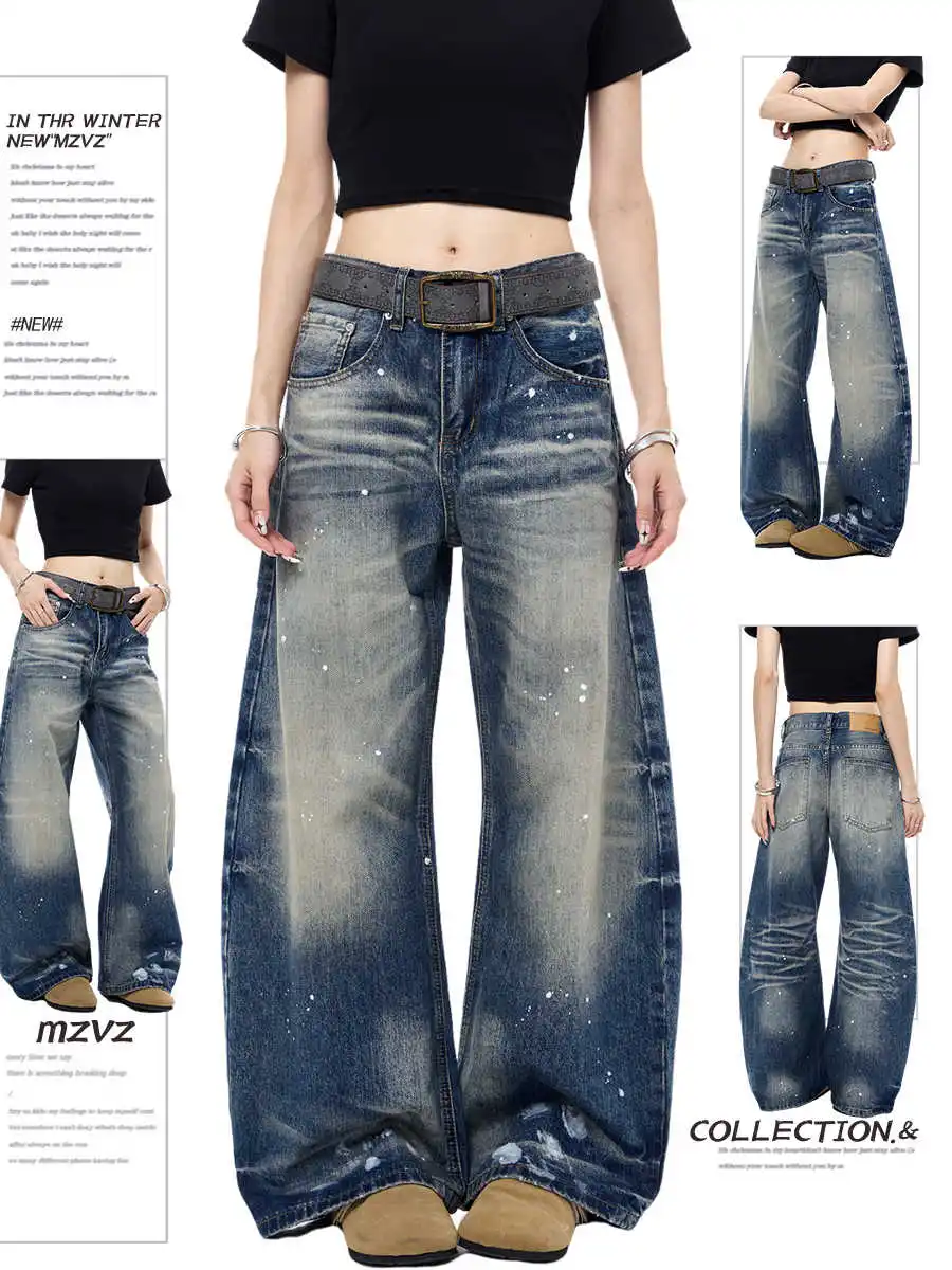 Women's Baggy Jeans Bleach Painted Denim Wide Fit Pants 2000s Y2K Harajuku Cowboy Hip-pop Cyber Punk Grunge High Street Chic New