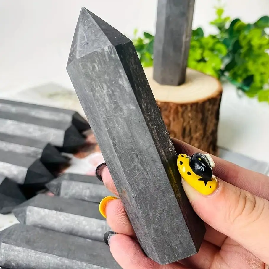 9-11cm Natural Schungite Black Shungite Tower Energy Quartz Reiki Stones Point Polished Wand For Healing Meditation Witch Gift