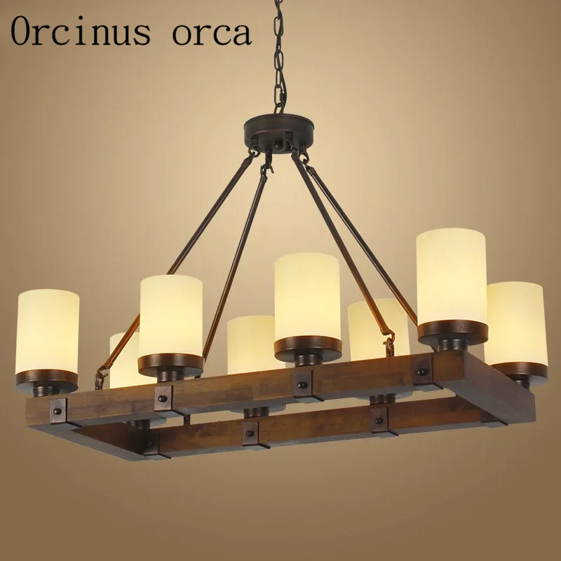 American country creative Candlestick chandelier Restaurant retro industrial wind antique wooden rectangular  chandelier