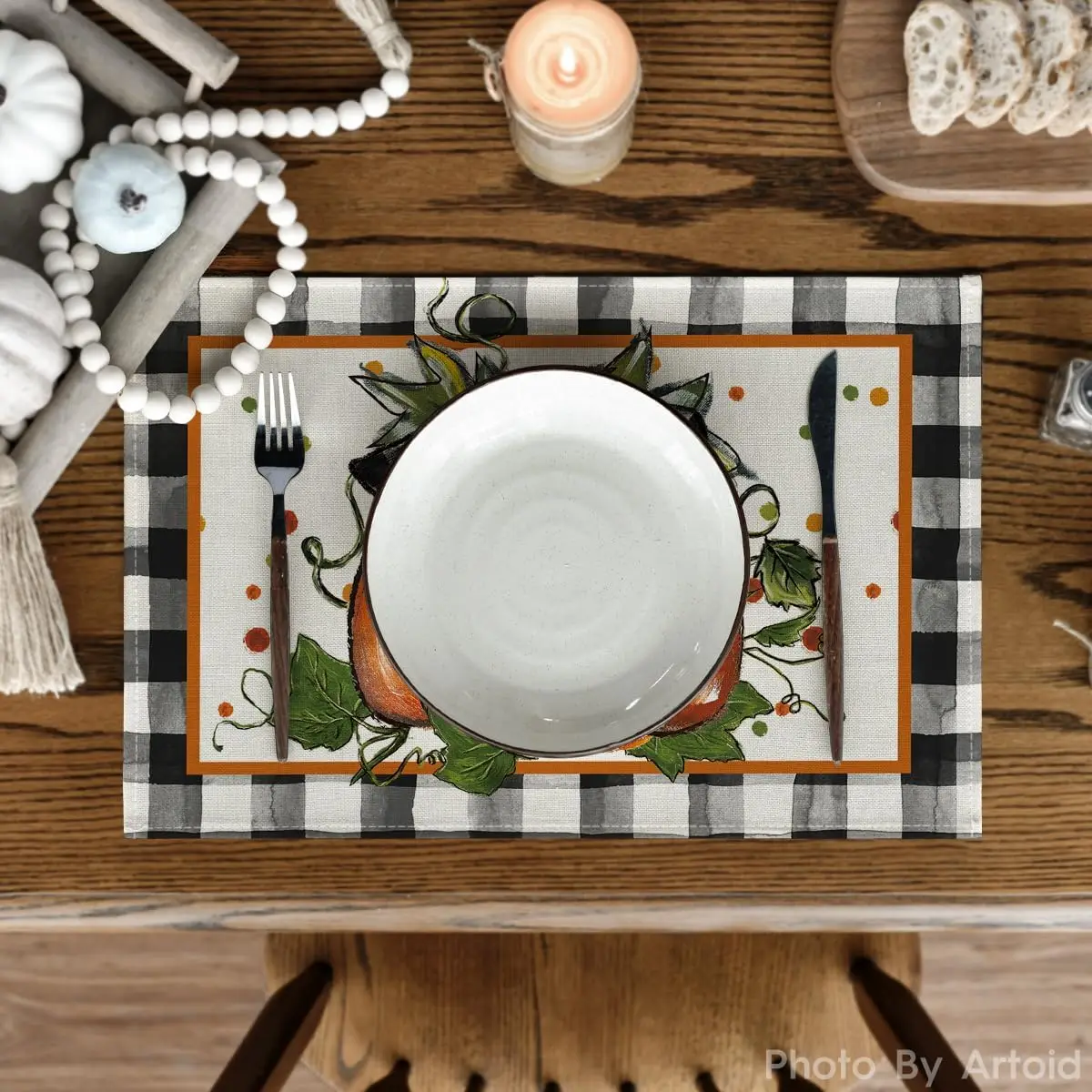 Pumpkin Brown Buffalo Plaid Fall Placemats Set Of 6, 12x18 Inch Seasonal Autumn Table Mats For Table Runner Home Party