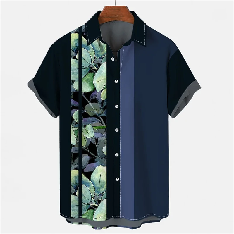 Camisa masculina com padrão de planta havaiana, casual, tops grandes, blusa de manga curta, moda verão, Y2k, 2024